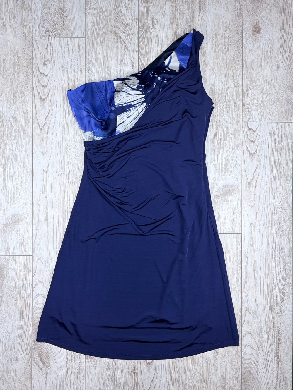 Antonio D'Errico Size Navy Blue Floral Print One-Shoulder Draped Dress